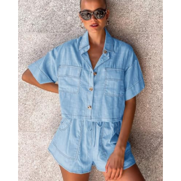 Imily Bela Women's 2 Piece Outfits Sets Summer Button Down Shirts and Shorts Pajama Sets Casual Loungewear with Pockets