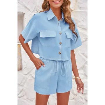 Imily Bela Women's 2 Piece Outfits Sets Summer Button Down Shirts and Shorts Pajama Sets Casual Loungewear with Pockets
