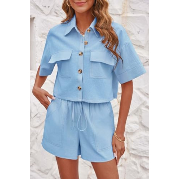 Imily Bela Women's 2 Piece Outfits Sets Summer Button Down Shirts and Shorts Pajama Sets Casual Loungewear with Pockets