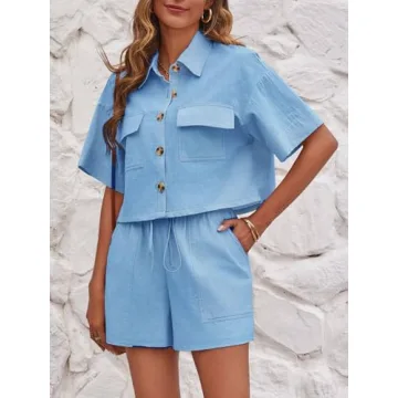 Imily Bela Women's 2 Piece Outfits Sets Summer Button Down Shirts and Shorts Pajama Sets Casual Loungewear with Pockets