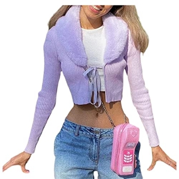 Women's Fluffy Long Sleeve V-Neck Cropped Knit Cardigan Sweater Solid Pullover Tops with Faux Fur Tr...