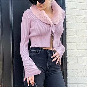 Women's Fluffy Long Sleeve V-Neck Cropped Sweater Cardigan