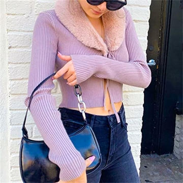 Women's Fluffy Long Sleeve V-Neck Cropped Sweater Cardigan