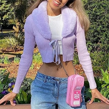 Women's Fluffy Long Sleeve V-Neck Cropped Sweater Cardigan