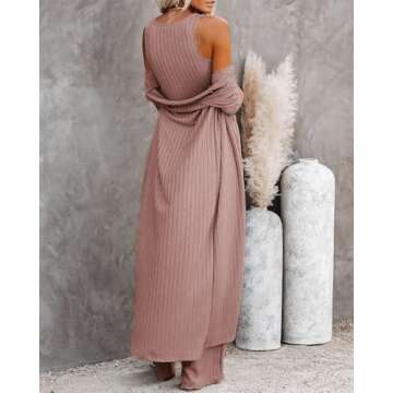 Fessceruna Womens 3 Piece Lounge Sets Pajamas Knit Long Sleeve Cardigan Crop Top Wide Leg Pants Loungewear Set