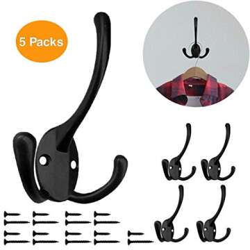 HADWER Wall Mounted Coat Hooks 5 Pack Heavy Duty Black Hardware Robe Hooks Decorative for Single Han...