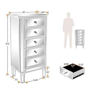Bonnlo Mirrored Dresser - 5 Spacious Drawers for Stylish Storage