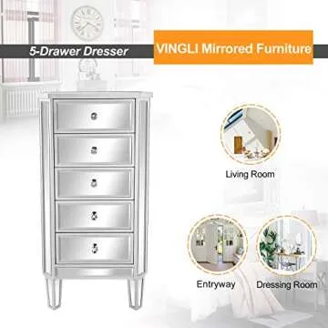 Elegant Bonnlo Mirrored Dresser with 5 Spacious Drawers