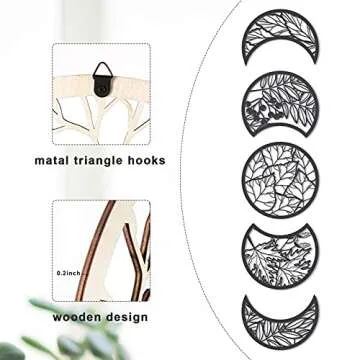 Jetec 5 Pcs Moon Phase Wall Decor Hanging Wooden Moon Phase Wall Art Nordic Art Boho Decor for Room Bar Ornament(Black,10.6 Inch)