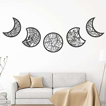 Jetec 5 Pcs Moon Phase Wall Decor Hanging Wooden Moon Phase Wall Art Nordic Art Boho Decor for Room Bar Ornament(Black,10.6 Inch)