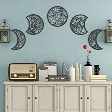 Jetec 5 Pcs Moon Phase Wall Decor Hanging Wooden Moon Phase Wall Art Nordic Art Boho Decor for Room Bar Ornament(Black,10.6 Inch)