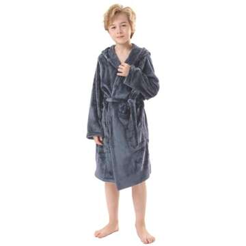 V.&GRIN Boys Fleece Robe, Hooded Toddler Soft Fuzzy Bathrobe for Kids 3-14 Years（Gray 9-10）