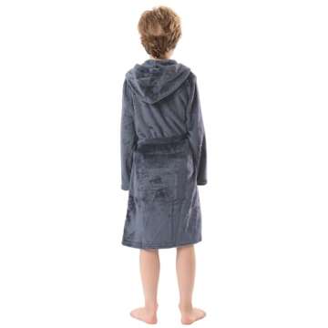 V.&GRIN Boys Fleece Robe, Hooded Toddler Soft Fuzzy Bathrobe for Kids 3-14 Years（Gray 9-10）