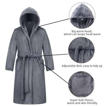 V.&GRIN Boys Fleece Robe, Hooded Toddler Soft Fuzzy Bathrobe for Kids 3-14 Years（Gray 9-10）