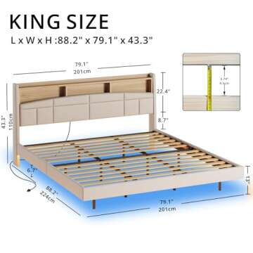 ANCTOR Floating King Bed Frame with Charging Station, Tall Bookcase Headboard, Solid Wood Slats Supp...