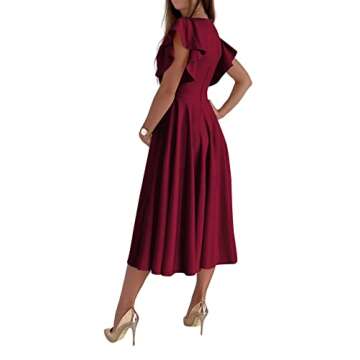 LYANER Women's Deep V Neck Ruffle Short Sleeve Wrap Swing A Line Flared Cocktail Party Midi Dress Wine Red Large