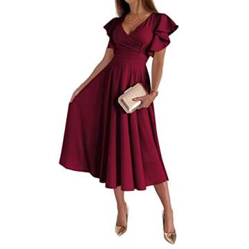 LYANER Women's Deep V Neck Ruffle Short Sleeve Wrap Swing A Line Flared Cocktail Party Midi Dress Wine Red Large