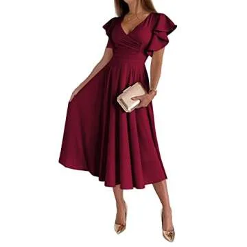 LYANER Women's Deep V Neck Ruffle Short Sleeve Wrap Swing A Line Flared Cocktail Party Midi Dress Wine Red Large