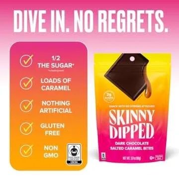 SkinnyDipped Dark Chocolate Salted Caramel Bites, 2g Sugar per Piece, Keto Friendly, Low Calorie Glu...