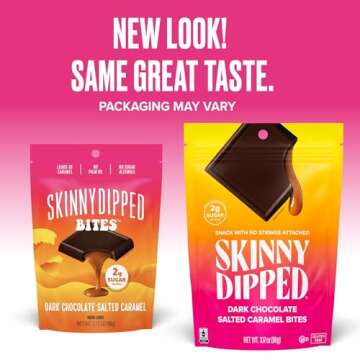 SkinnyDipped Dark Chocolate Salted Caramel Bites, 2g Sugar per Piece, Keto Friendly, Low Calorie Gluten Free, 4 Pack