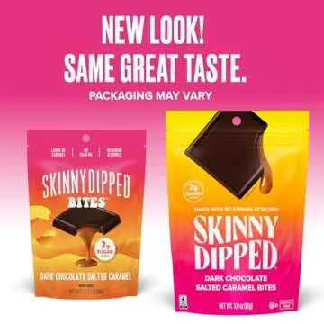SkinnyDipped Dark Chocolate Salted Caramel Bites, 2g Sugar per Piece, Keto Friendly, Low Calorie Gluten Free, 4 Pack