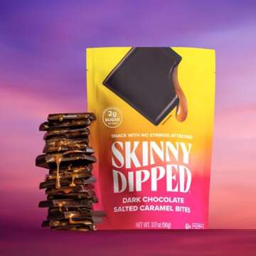 SkinnyDipped Dark Chocolate Salted Caramel Bites, 2g Sugar per Piece, Keto Friendly, Low Calorie Gluten Free, 4 Pack