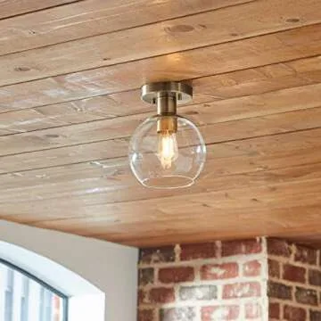 Amazon Brand – Rivet Mid-Century Modern Glass Globe Flush-Mount Ceiling Fixture with Light Bulb - 8.87 x 7 x 7 Inches, Gold