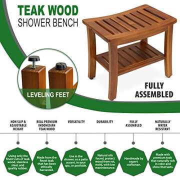 TeakCraft Patented Teak Shower Bench with Shelf 21 Inch, Fully Assembled Teak Wood Shower Stool & Spa, Shower Bench for Elderly, Indoor and Outdoor Use, The Hermod
