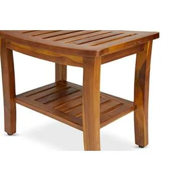 TeakCraft Patented Teak Shower Bench with Shelf 21 Inch, Fully Assembled Teak Wood Shower Stool & Spa, Shower Bench for Elderly, Indoor and Outdoor Use, The Hermod