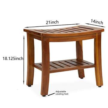 TeakCraft Patented Teak Shower Bench with Shelf 21 Inch, Fully Assembled Teak Wood Shower Stool & Spa, Shower Bench for Elderly, Indoor and Outdoor Use, The Hermod