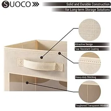 SUOCO Cube Storage Bins with Clear Window, Foldable Fabric Baskets Boxes for Shelf Closet Organizer, Nursery and Kids Room, 8 Pack, Beige