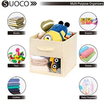 SUOCO Cube Storage Bins with Clear Window, Foldable Fabric Baskets Boxes for Shelf Closet Organizer, Nursery and Kids Room, 8 Pack, Beige