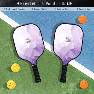 Pickleball Paddles Set of 2, USAPA Approved Pickleball Set, Fiberglass Lightweight Pickleball Rackets 2 Pack, 2 Outdoor Pickleball, 2 Indoor Pickleball Balls, 1 Pickleball Bag for Women Men, Purple