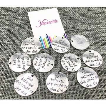 Yansanido Pack of 10 Alloy Silver ''She Believed she Could so she did'' 0.94'' Round DIY Antique Message Charms Pendant for Making Bracelet and Necklace (She Believed she Could so she did)