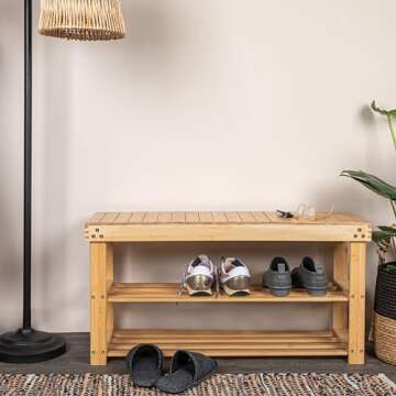 Household Essentials Bamboo 2-Shelf Storage Bench Seat, Natural