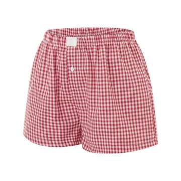 Womens Y2k Cute Plaid Striped Print Pajama Boxer Shorts Gingham Lounge PJ Bottoms Shorts Checkered Sleep Shorts (Red, M)