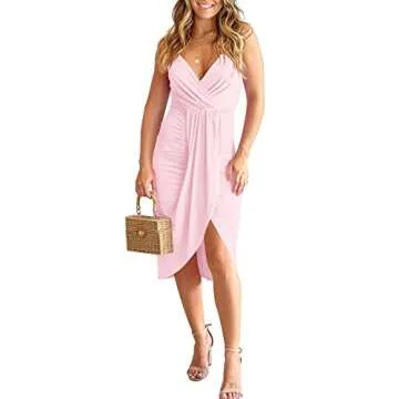 PeoKia Women's Sexy V-Neck Sleeveless Slip Ruched Adjustable Spaghetti Straps Backless Split Wrap Bodycon Wedding Guest Dress Light Pink XL