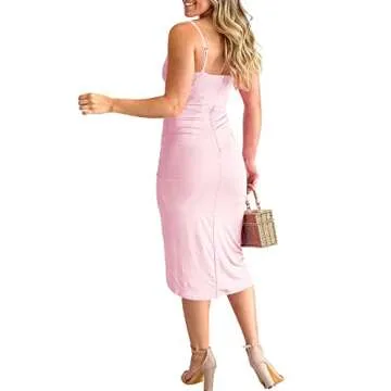 PeoKia Women's Sexy V-Neck Sleeveless Slip Ruched Adjustable Spaghetti Straps Backless Split Wrap Bodycon Wedding Guest Dress Light Pink XL