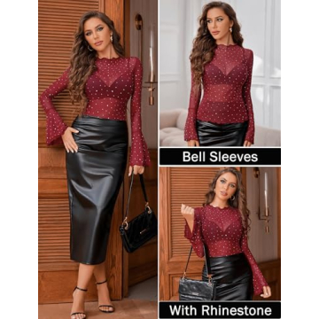 Avidlove Mesh Rhinestone Long Sleeve Tops for Women
