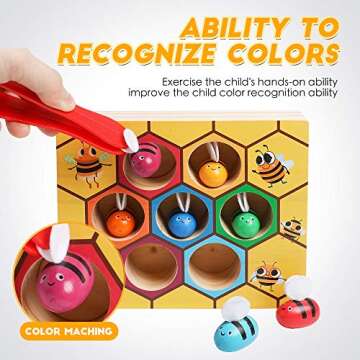kizh Fine Motor Toys, Clamp Bee to Hive Matching Game Toddler Learning Toys Montessori Wooden Lovely...