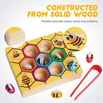 kizh Fine Motor Toys, Clamp Bee to Hive Matching Game Toddler Learning Toys Montessori Wooden Lovely Bee Hive Toys Color Sorting for Baby Early Educational Game Toy for 3 4 5 Years Old Kids
