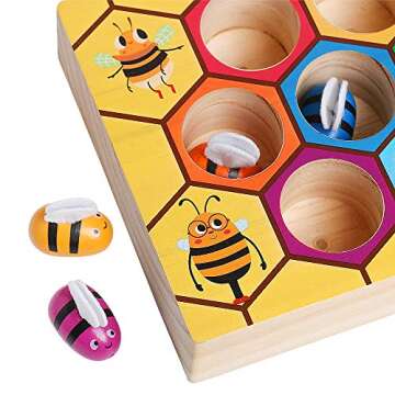 kizh Fine Motor Toys, Clamp Bee to Hive Matching Game Toddler Learning Toys Montessori Wooden Lovely Bee Hive Toys Color Sorting for Baby Early Educational Game Toy for 3 4 5 Years Old Kids