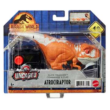 Mattel Jurassic World Dominion Uncaged Dinosaur Toy with Clicker-Controlled Motion & Sound, Click Tracker Atrociraptor Red Dino Action Figure