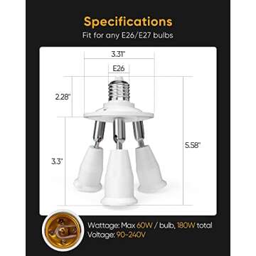 JACKYLED 3 in 1 E26 Light Socket Splitter Adapter Converter for Standard LED Bulbs 360 Degree Adjustable 180 Degree Bendable Max Watt 180w