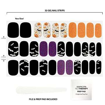Dashing Diva Gloss Halloween Nail Strips - Bat Magic | UV Free, Long Lasting, Cute Halloween Gel Nail Stickers | Contains 32 Nail Wraps, 1 Prep Pad, 1 Nail File