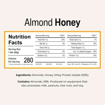 Rise Breakfast Whey Protein Bars Almond Honey, 18g Protein, 2.01 oz (12 Pack)