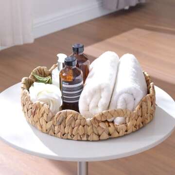 Yangqihome Round Scalloped Serving Tray, 14 inch Decorative Water Hyacinth Scalloped Basket with Built-in Handles, Round Ottoman Trays for Coffee Table for Kitchen and Living Room