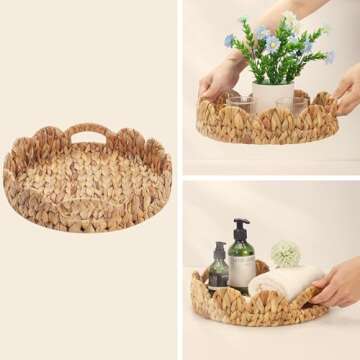 Yangqihome Round Scalloped Serving Tray, 14 inch Decorative Water Hyacinth Scalloped Basket with Built-in Handles, Round Ottoman Trays for Coffee Table for Kitchen and Living Room