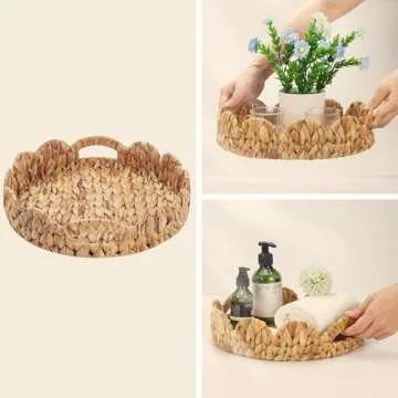Yangqihome Round Scalloped Serving Tray, 14 inch Decorative Water Hyacinth Scalloped Basket with Built-in Handles, Round Ottoman Trays for Coffee Table for Kitchen and Living Room