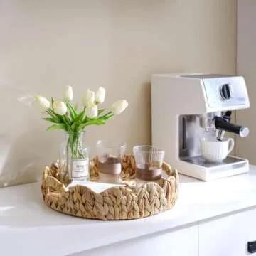 Yangqihome Round Scalloped Serving Tray, 14 inch Decorative Water Hyacinth Scalloped Basket with Built-in Handles, Round Ottoman Trays for Coffee Table for Kitchen and Living Room